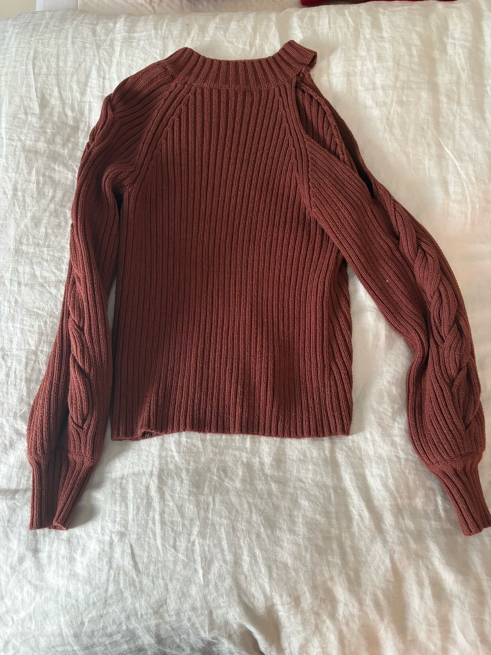 Ribbed Cable-Sleeve Sweater - Rust